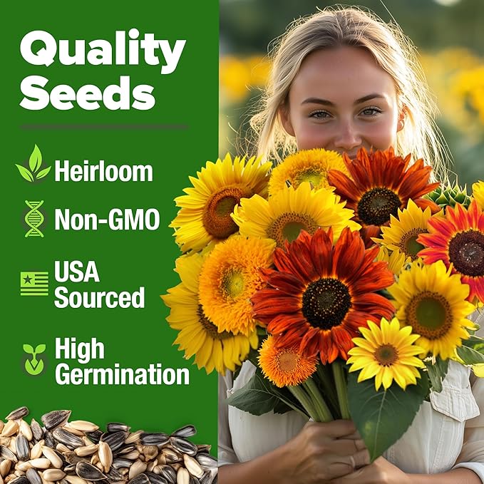 HOME GROWN Sunflower Seeds Mix Pack 1,500+ 9 Colorful Varieties of Sun Flower Seeds to Plant - 2-10ft Tall Plants, Pollinator Friendly – Easy to Grow, High Germination