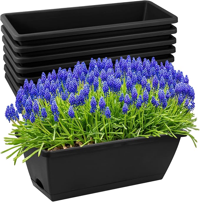 8pcs Window Box Planter,17 Inches Flower Window Boxes,Rectangle Planters Box with Drainage Holes and Trays, Plastic Vegetable Planters for Windowsill Patio Garden Home Decor Porch Yard (Black)