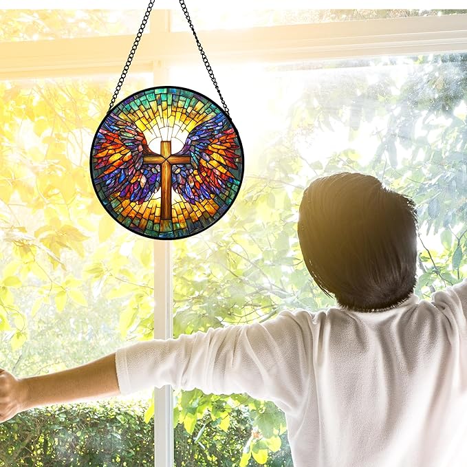 Stained Glass Window Hanging - Jesus Cross Wings Suncatcher Ready to Hang Window Doors Home Decoration and Christmas, Mother's Day Birthday Gifts for Women, Men, and Mom 6.3x6.3 in