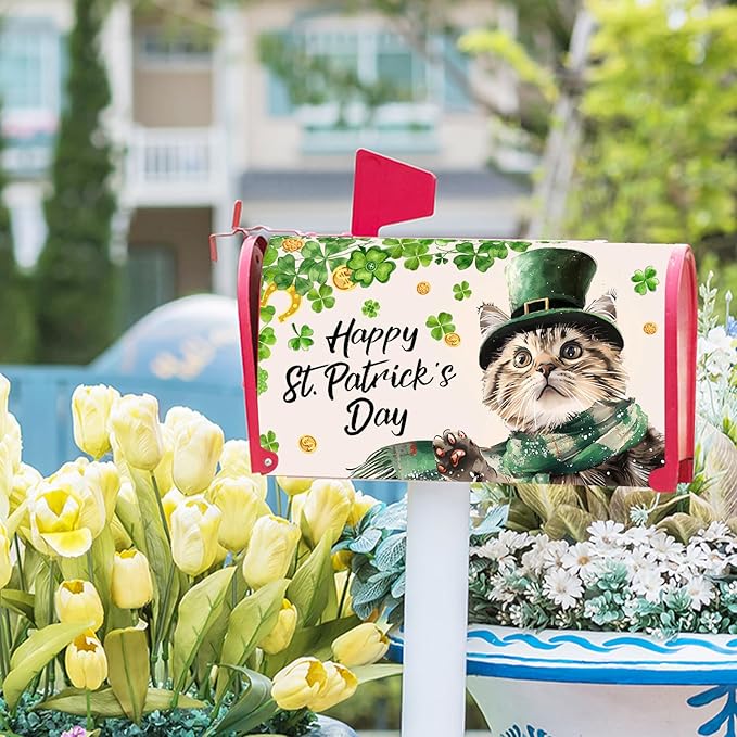 Patrick Cat Magnetic Mailbox Cover 25.5x21 Inch Happy St. Patrick's Day Clover Shamrocks Kitten Mailbox Wrap Post Cover Standard Size for Garden Yard Outdoor Outside Patio Holiday Decor