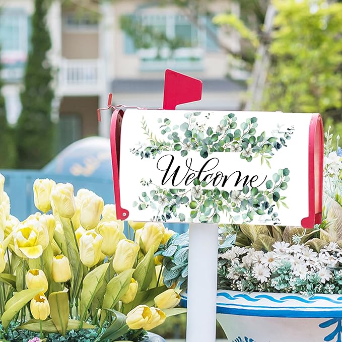 Welcome Spring Summer Mailbox Covers Magnetic- Standard Size 21x18 Inch- Sage Green Eucalyptus Leaves Wreath Mailbox Wrap Letter Post Cover Decoration for Yard Garden Outdoor Home