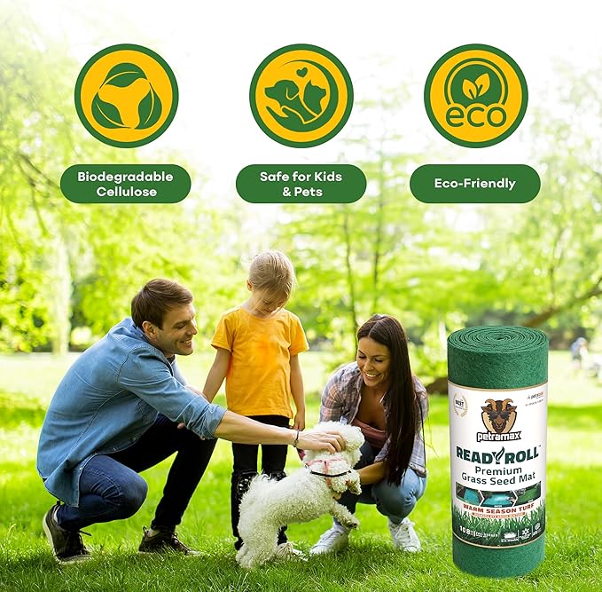 Petramax ReadyRoll Biodegradable Grass Seed Mat for Lawn (108 ft.) - All Year Green 3-in-1 Tall Fescue & Kentucky Grass Seed Rolls w/Mulch & Fertilizer - Lawn Repair Patch - Just Roll, Water, Grow