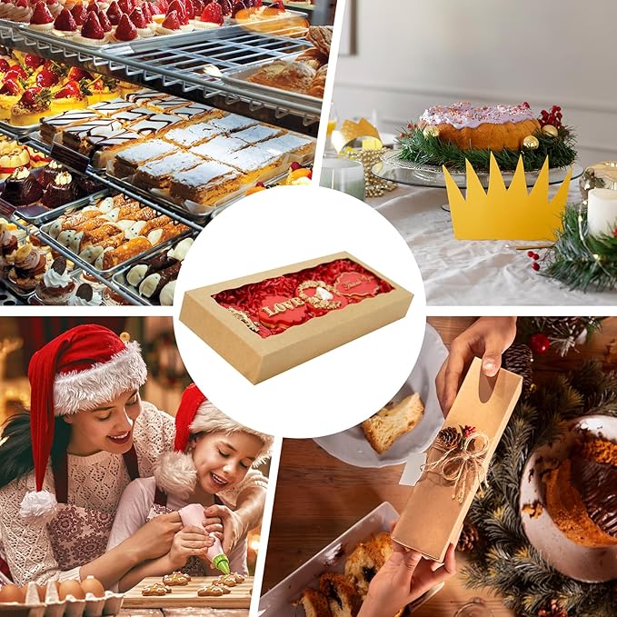 50pcs Cookie Boxes with window 12 x 5 x 1.5 Inch Bakery Boxes Treat Box Dessert Box for Wedding Party Favors - Brown