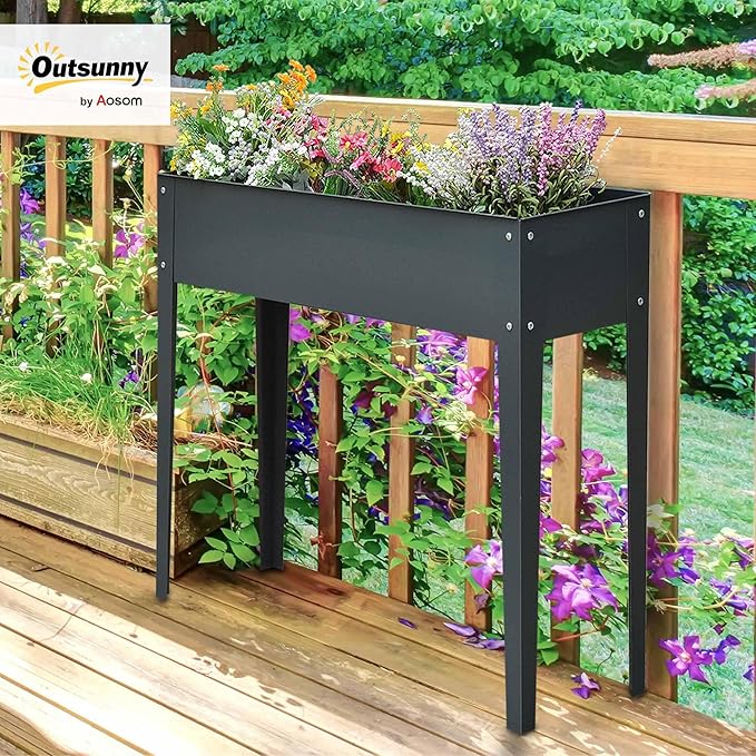 Outsunny Metal Raised Garden Bed, Elevated Planter Box with Legs and Drain Holes, Dark Gray