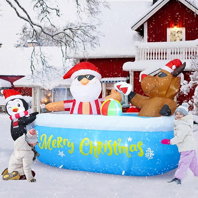 7FT Christmas Inflatable Outdoor Decoration, Christmas Inflatables Santa Claus Cheers Pool Party with Built-in 8 LED Lights & Air Blower for Xmas Blow Up Yard Decorations Outdoor Indoor