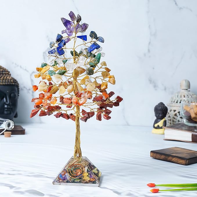 7 Chakra Crystal Tree with Orgone Pyramid Base Desk Decor Healing Crystals Bonsai Tree Gifts for Women Office & Shelf Home Room Decor for Mom Sister Girlfriend Present Housewarming