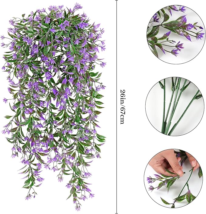 TOCHGREEN 4Pcs Artificial Hanging Plants Fern Vine, Faux Plastic Plants Fake Ivy Vine Greenery Garland with Purple Flower, Outdoor Indoor Decorations for Living Room Balcony Garden Wall Home Decor