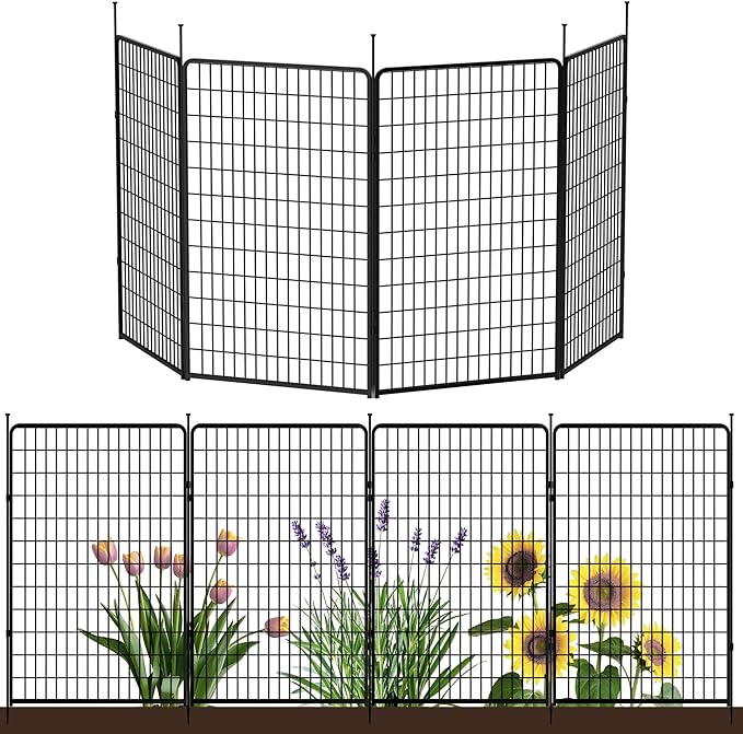 Doorless Garden Fence 50 in(H) x 10.2 ft(L) 4 Panels, Heavy Duty Metal Animal Barrier Fence, No Dig Fence for Dogs, Rabbit Fence for Garden, Black