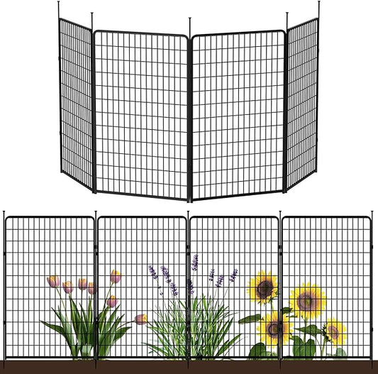 Doorless Garden Fence 50 in(H) x 10.2 ft(L) 4 Panels, Heavy Duty Metal Animal Barrier Fence, No Dig Fence for Dogs, Rabbit Fence for Garden, Black