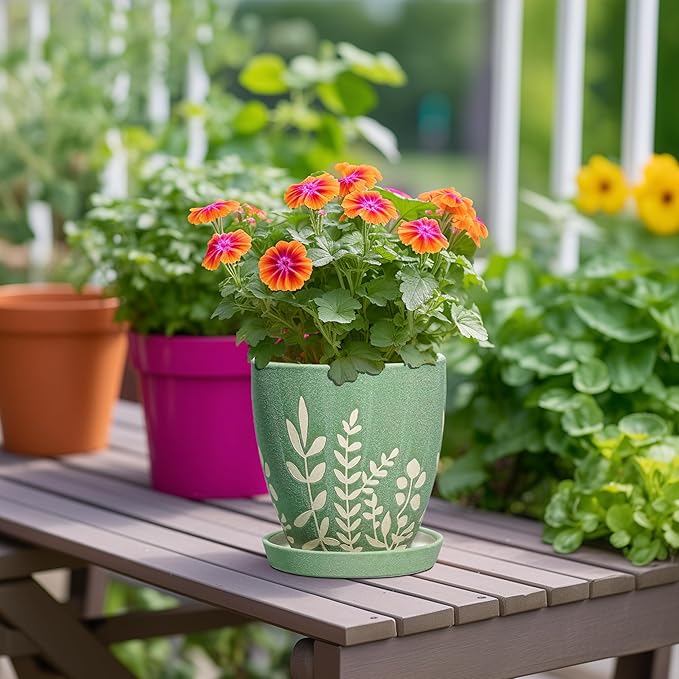 6 Inch Ceramic Planter with Saucer - Boho Flower Pot with Drainage for Succulents, Small Indoor Plant Pot, Desk Room Home Office Decor, Housewarming Gift, Green