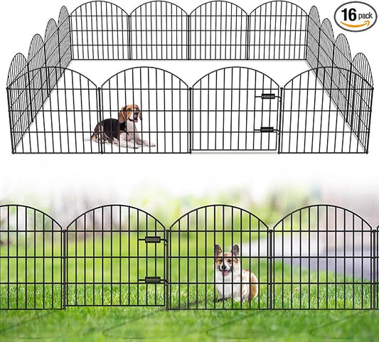 Metal Garden Fence with Gate 28in (H) x 37.3ft (L), 1 Gate + 15 Panels Dog Fences Border Fence Animal Barrier, No Dig Garden Fencing for Yard Backyard Landscape, ECG2816G Black