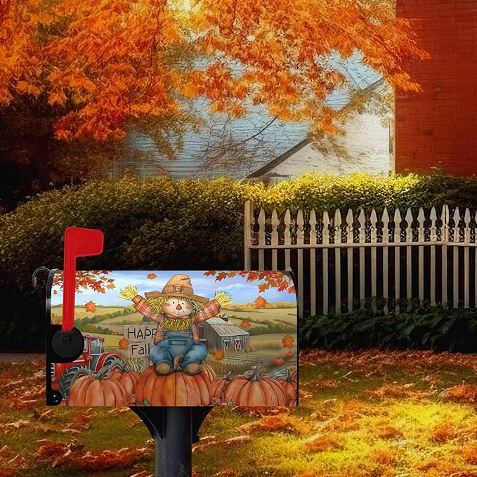 Fall Scarecrow Decorative Mailbox Covers Magnetic Standard Size 21x18 Autumn Pumpkins Maple Leaves Mailbox Wraps Cover Harvest Fall Letterbox Cover for Garden Yard Outdoor Decor