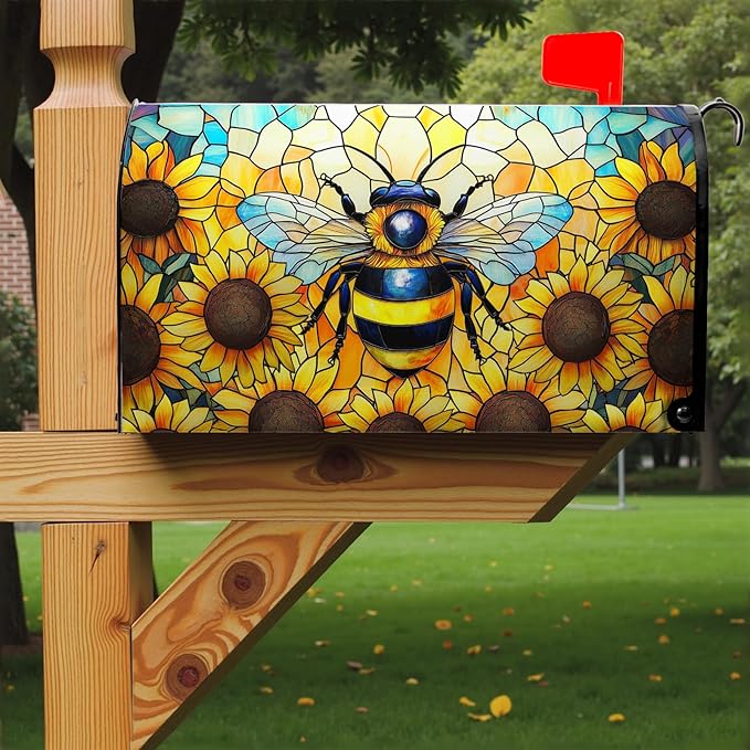 Summer Bee Mailbox Covers Magnetic Sunflower Mail Box Cover Fall Flower Mailbox Wraps for Outside Garden Yard Autumn Flower 25.5x21 inch