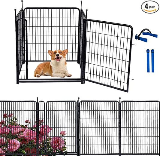 32 in(H) Garden Fence, 4 Panels Total 8.9 Ft(L), 21 in Wide Low Threshold Gate, Temporary Fence for Dogs Outdoor, Fencing for Garden Beds, Heavy Duty Metal Dog Fences, Animal Barrier Fences