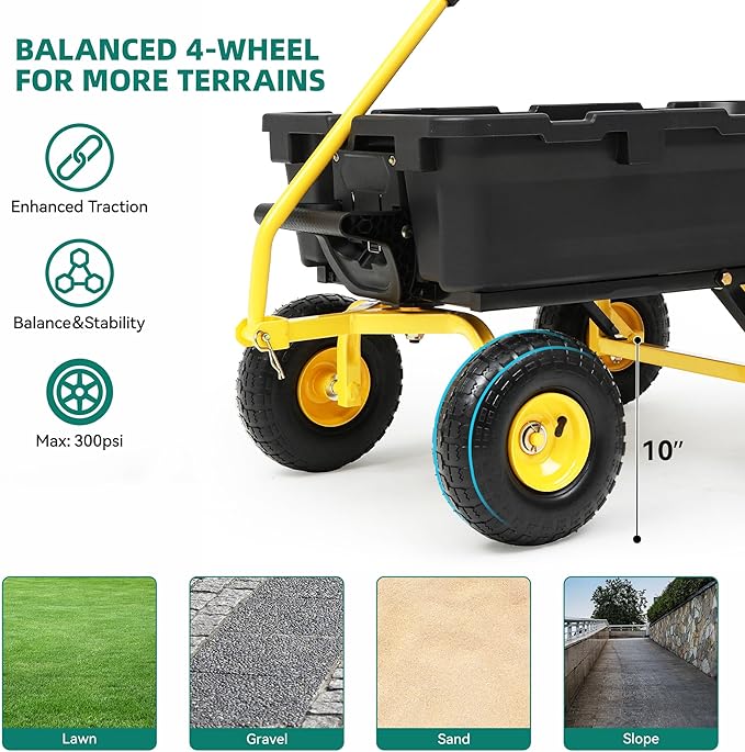 800lb Garden Dump Cart,Utility Wagon Wheelbarrows with Quick-Release System&4 Pneumatic Tires,Heavy Duty Yard Dump Wagon with Steel Frame for Yard,Farm,Garden and Christmas Hauling (Yellow)