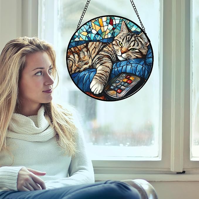 Stained Glass Window Hanging Gray Cat and Remote Control 6.3" - Suncatcher Door Garden Kitchen Sun Catcher Home Decor Birthday for Lost Pets Mom Men Woman Friend Grandma