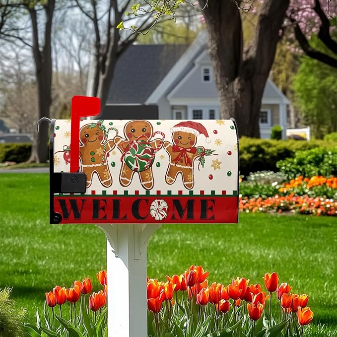 Gingerbread Man Mailbox Covers Merry Christmas Mailbox Wraps Magnetic Standard Size 21x18 inch Welcome Mail Box Cover Outdoor Decor for Garden