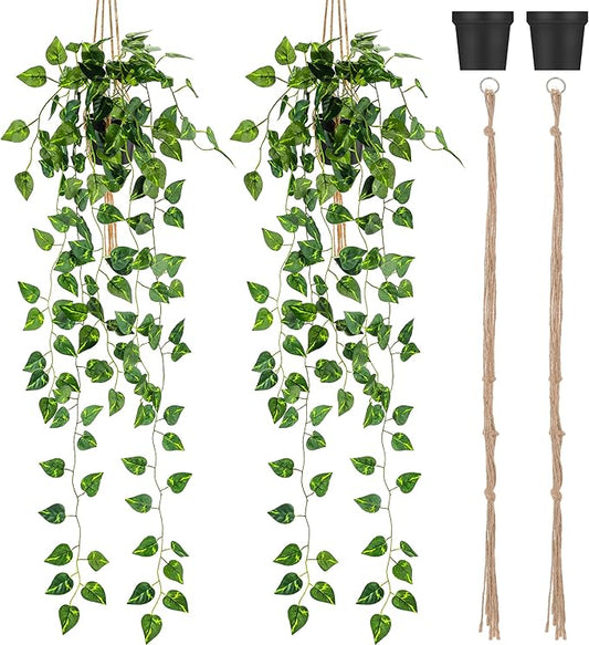 Folmywy 2 Pack Artificial Hanging Plants Vines with Pot Fake Greenery Potted Plant Ivy Leaves Garland Decoration for Shelf Living Room Bedroom Garden Wedding Party Indoor Outdoor