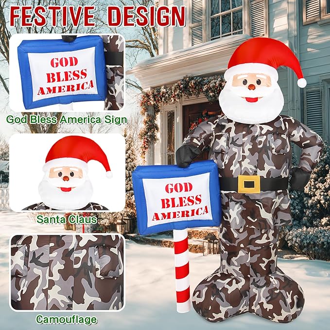 Christmas Inflatable Outdoor Decoration, 7FT Inflatables Camouflage Santa Claus Yard Decor with Hat & Sign, LED Light Blow up Giant Holiday Decoration for Indoor Outside Lawn Garden Soldier Army Gift