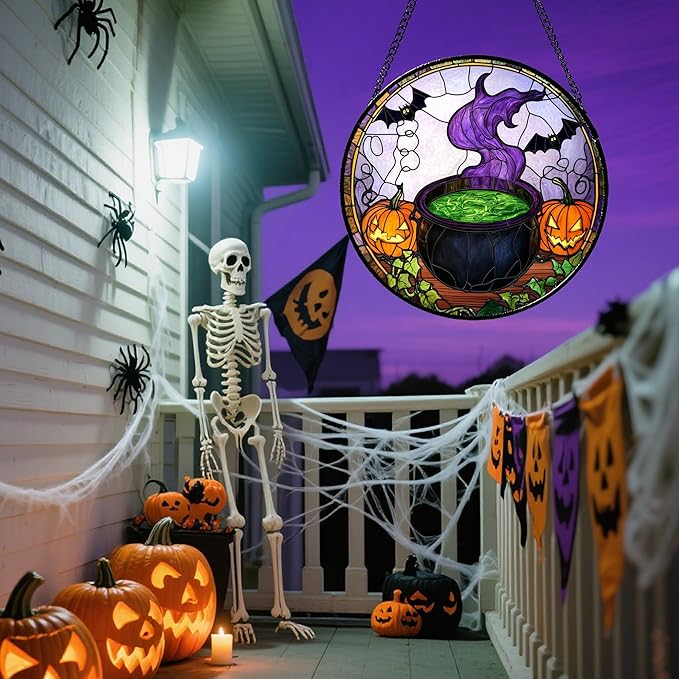 Stained Glass Window Hanging Halloween Scary Pumpkin Bat Magic Liquid Large 11.8" - Suncatcher Door Garden Sun Catcher Gothic Home Decor Birthday Horror Gifts for Mom Men Woman Friend
