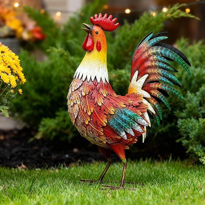 21" Metal Rooster Yard Decor, Outdoor Garden Statues, Metal Chicken Sculpture for Backyard Patio Kitchen Decor