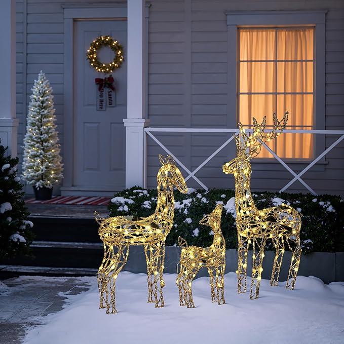 LuxenHome 3PCs Reindeer Christmas Decoration, Gold Reindeer Family with Glitter, 260 LED Lights, Indoor & Outdoor Lighted Christmas Decorations for Lawn, Front Porch, Xmas Holiday Yard Display