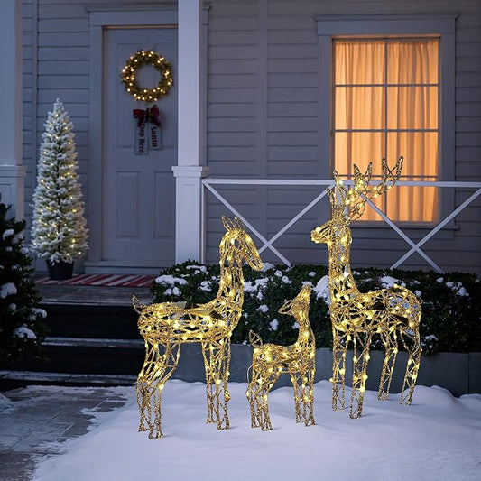 LuxenHome 3PCs Reindeer Christmas Decoration, Gold Reindeer Family with Glitter, 260 LED Lights, Indoor & Outdoor Lighted Christmas Decorations for Lawn, Front Porch, Xmas Holiday Yard Display
