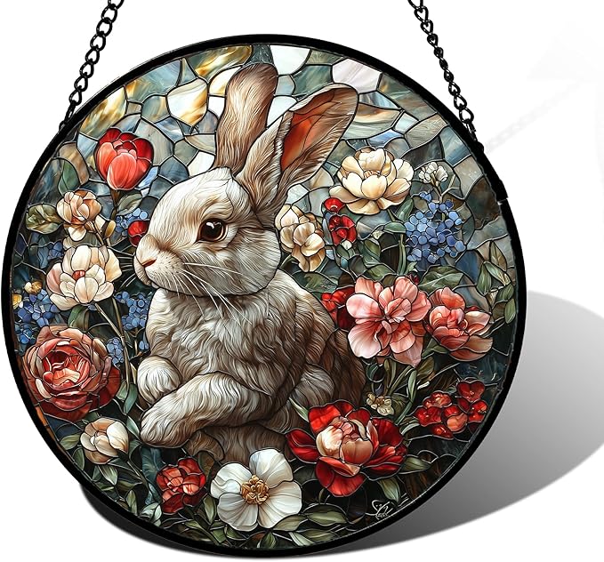 Stained Glass Window Hanging - Cute Rabbit Flowers Suncatcher Ready to Hang Window Doors Home Decoration, Christmas, Mother's Day Birthday Gifts for Women, Men, and Mom 9.8x9.8 in