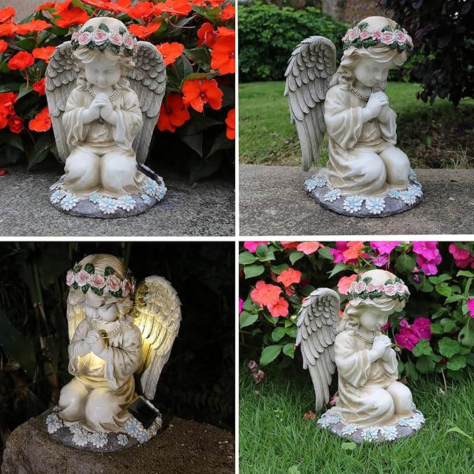 Sharita Praying Angels Figurine,Solar Garden Angel Statues, Waterproof Kneeling Angel Sculpture, Outdoor Decor Ornament for Patio Lawn Yard Balcony, Garden Gift