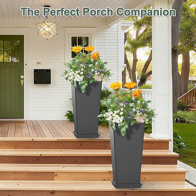 Set of 2 Tall Planters with Drainage Tray, 24 Inch Large Flower Pots for Indoor Outdoor Plants Mordern Planter Weather-Resistant for Patio, Front Door Decor, Garden (Gray)