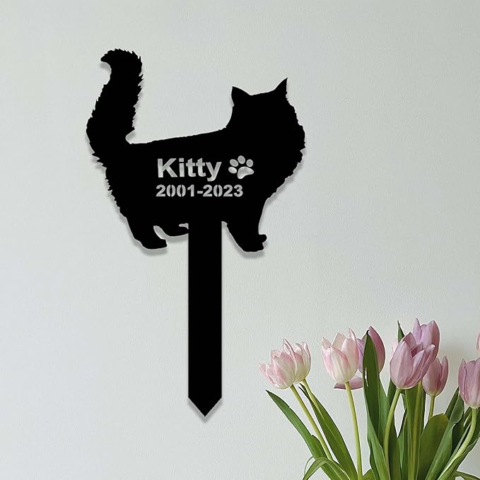 Custom Fluffy Cat Memorial Stake Sign - Metal Long Hair Grave Marker - Personalized Garden Decor - Pet in Heaven Remembrance Yard Stake - Sympathy Gift