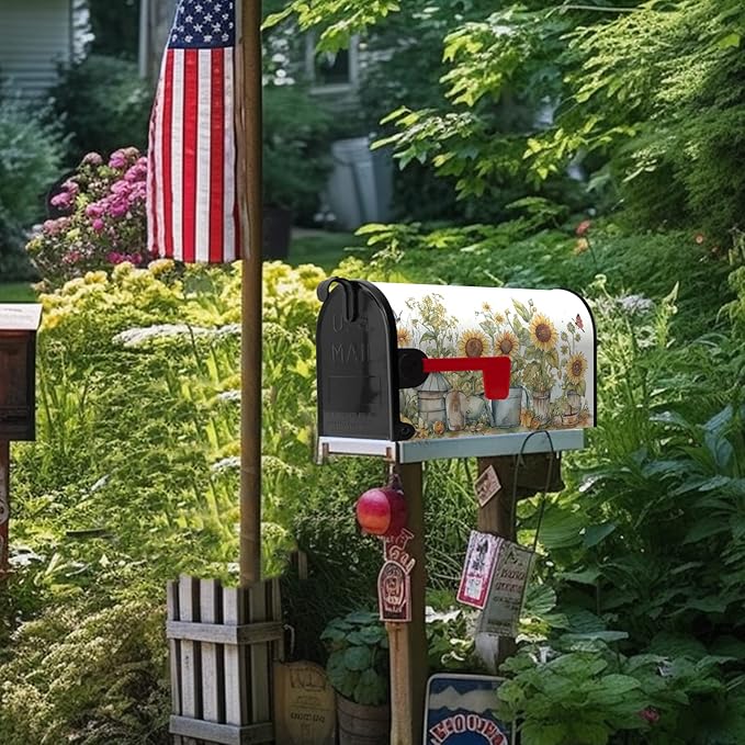 Summer Sunflower Mailbox Covers Magnetic Standard Size Yellow Sunflowers Floral Mailbox Post Cover Magnetic Waterproof Decor Rustic Flowers Mailbox Wraps for Garden Yard 21 * 18 Inch