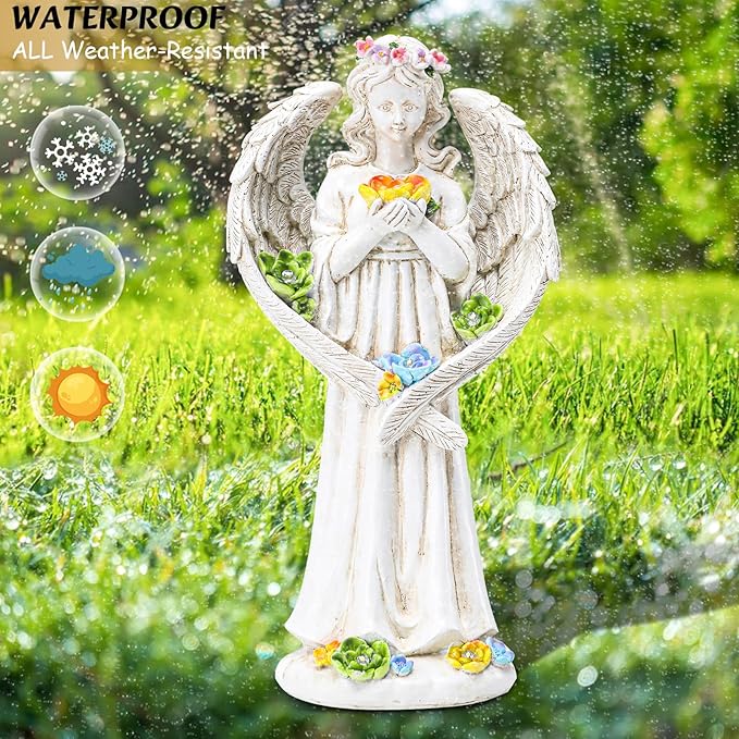 Solar Angel Outdoor Garden Decor Statues - 11.5 inches Angel Figurines Outdoor Sculptures with Succulent, Garden Statues for Outside, Patio, Balcony, Lawn Ornaments or Housewarming Gift