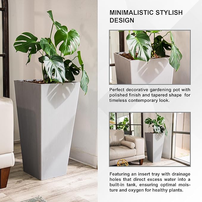XBrand Modern 30-Inch Tall Square Planter, Tapered, Indoor & Outdoor, Patio Decor, Gray