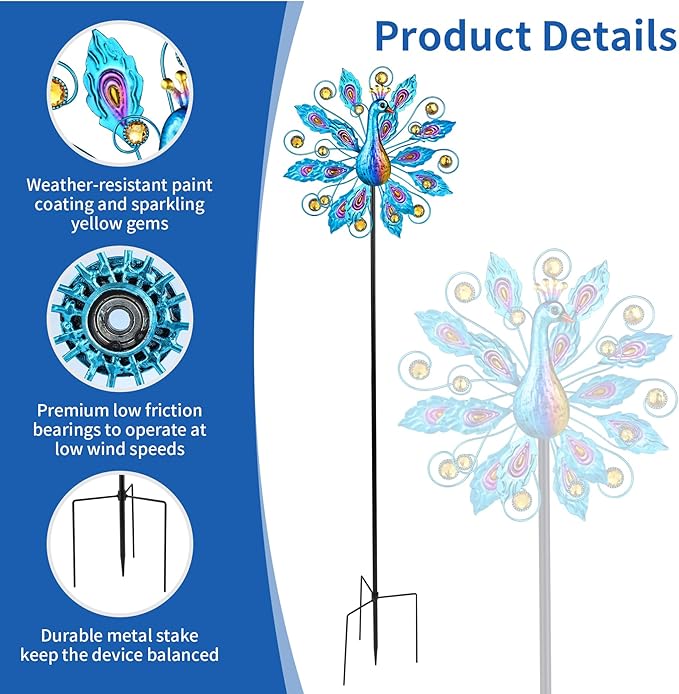 Wind Spinner for Yard and Garden Peacock Windmill Outdoor Metal Kinetic Art Wind Sculpture for Yard Patio Lawn Decoration 55 Inch,Gifts for Women