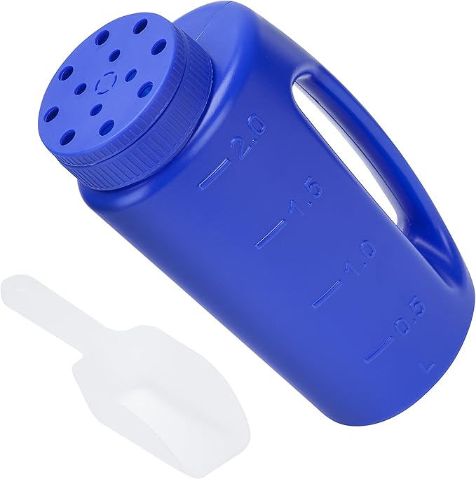 Katai – 2L (70 oz) Hand Held Spreader – Adjustable Hole Size for Seeds, Fertilizer, Salt & Ice Melt – Heavy-Duty Garden Spreader with Scoop – Blue