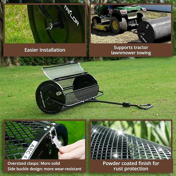 Compost Spreader 44 Inch Towable Peat Moss Spreader with Installation Accessories, Metal Mesh Roller Lawn Spreader for Top Soil, Manure, Mulch, Top Dressing - Garden spreaders for lawns