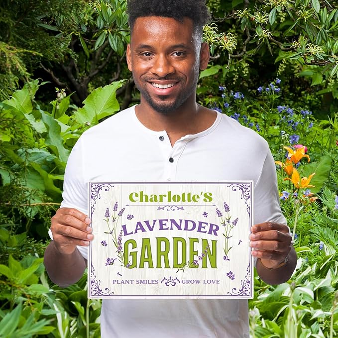 Custom Lavender Garden Sign, Personalized Name for Flower Garden, Christmas Gift and Backyard Décor Sign, 10x14 Inches, Rust Free .040 Aluminum, Fade Resistant, Made in USA by Sigo Signs