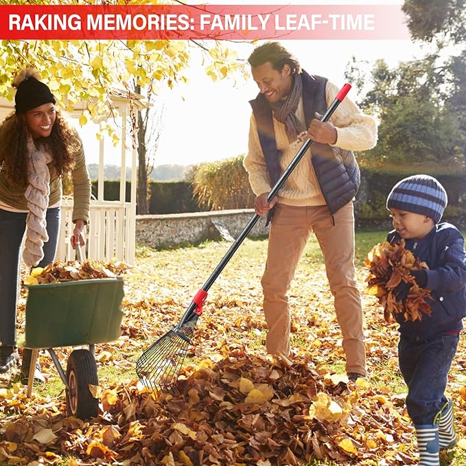 Lightweight Leaf Rake for Lawn, 8-17" Expandable Head with Metal Tines for Leaves, Shrubs & Small Areas, 75-Inch Adjustable Long Handle with Comfort Grip Senior Friendly