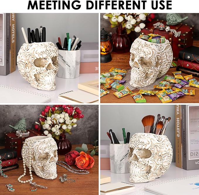 OwnMy Resin Skull Planter for Indoor Plants, White Skull Flower Succulent Pot with Drainage Holes, Halloween Skulls Head Planter Decorative Small Succulents Planters Pot for Tabletop