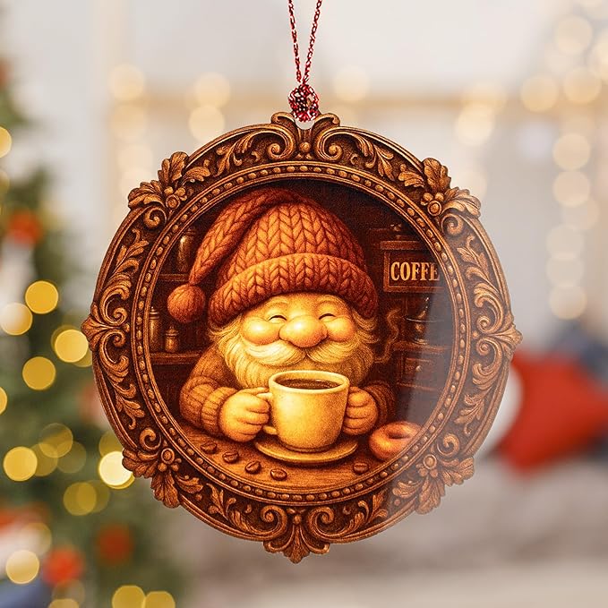 Coffee Ornament – Gnome Decor – Barista Gift – Coffee Lover Christmas Ornament – Holiday Card – Suncatcher Effect Stained Glass Window Hanging – Car Hanging