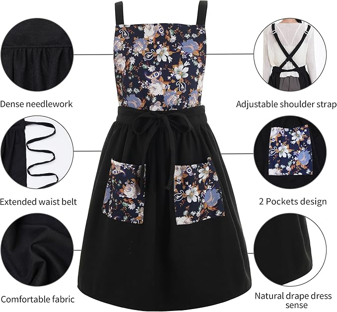 Vintage Pinafore Apron Dress for Women with Pockets Cute Floral Chef Aprons for Kitchen Cooking Baking Gardening
