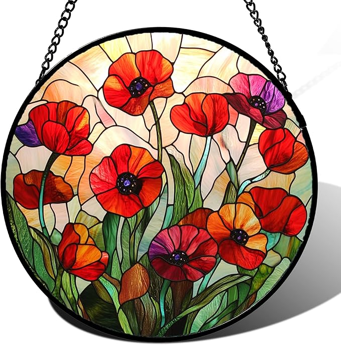 Stained Glass Window Hanging - Poppy Birth Flowers Suncatcher for Door Garden Yard Wildflowers Sun Catchers Decor Christmas Mother's Day Birthday Gifts for Women Mom Nana Friend 15 in