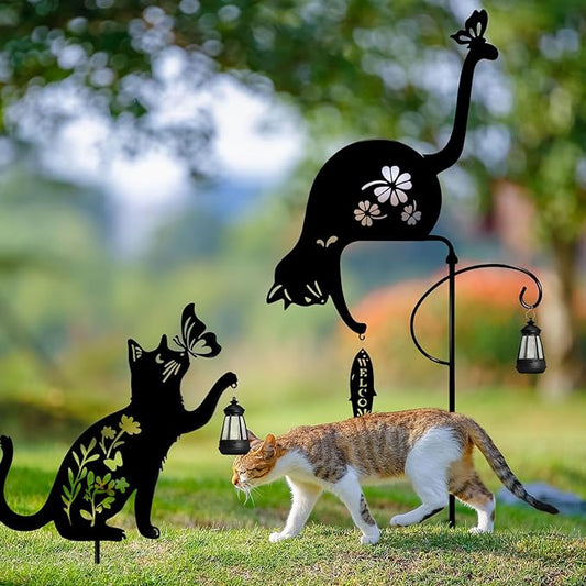 2Pack Cat Solar Lights Outdoor Garden, Black Cat Garden Decor, Black Cats Outdoor Decorations with Solar Lantern, Unique Gift for cat Lovers,Christmas Birthday Gifts for Women Mom and Grandma