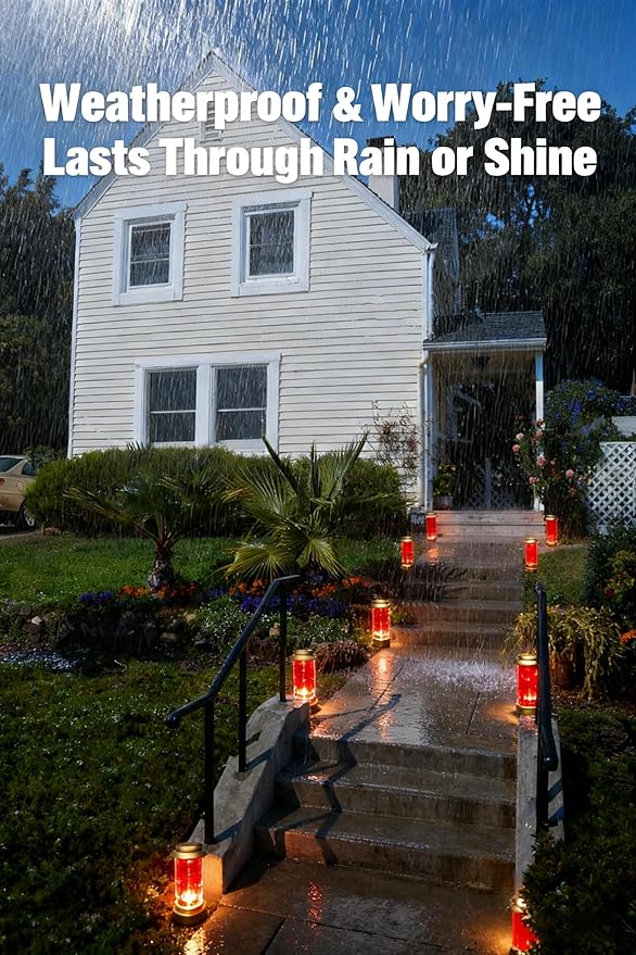 Memorial Garden Decorations with Long Stake, Solar Outdoor Candle Holder for Yard Memorial, Lantern Candle Holder, Fall Solar Lights Outdoor Decorative, Backyard Decor - Gold Metal Frame, Red Acrylic