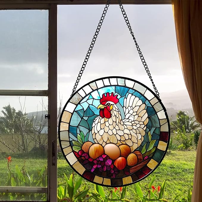 Stained Glass Window Hanging White Chicken Hatching Eggs 7.8" - Suncatcher Door Garden Sunroom Sun Catcher Home Decor Birthday Christmas for Mom Men Woman Nana