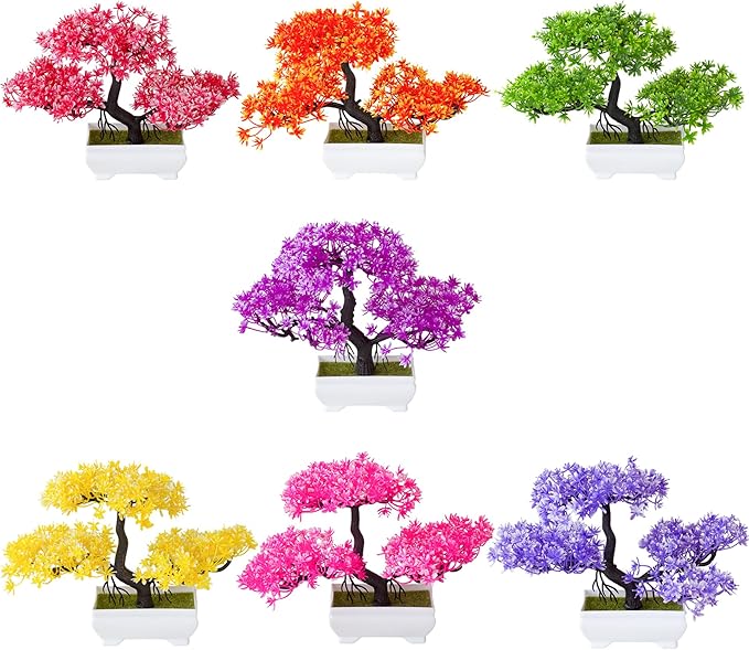 Mini Artificial Bonsai Tree Plants with Plastic Cement Pots for Home Office Décor(Magenta)