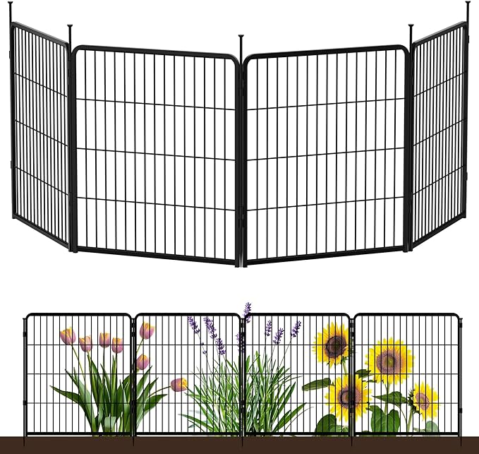 SunsGrove Garden Fence 32 in(H) x 8.9 ft(L) 4 Panels, Heavy Duty Metal Animal Barrier Fence for Dogs, Easy No-Dig Setup, Decorative Dog Fences, Black