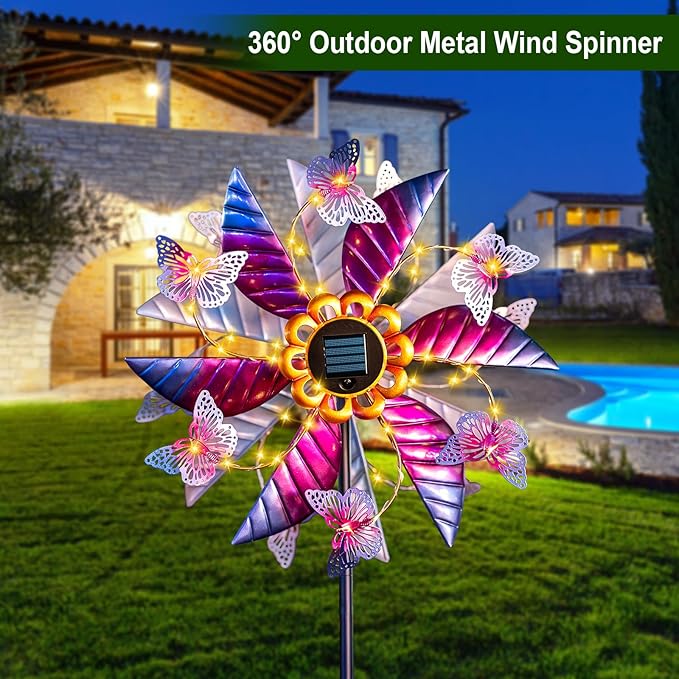 Large Solar Wind Spinners for Yard and Garden - 360° Metal Large Wind Sculptures Outdoor Clearance Kinetic Windmills with Vine String Shining LED Lights for Patio, Lawn Garden Decoration