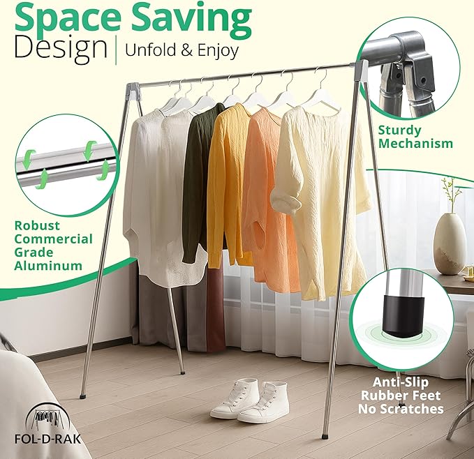 FOL-D-RAK Fully Assembled Lightweight Clothing Rack with Carry Bag. 59" Length Made from Commercial Grade Aluminum. Can Hold Over 50 LBS. Weighs 4 LBS.